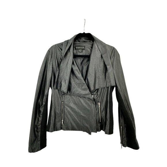 Bagatelle Faux Leather Jacket Women Medium Black Drape Fly Away Mixed Media Moto - Picture 1 of 9